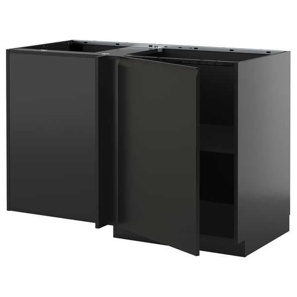 METOD corner base cabinet with shelf, black-grey/Upplöv matt anthracite, 128x68 cm