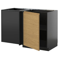 METOD corner base cabinet with shelf, black-grey/Voxtorp oak effect, 128x68 cm