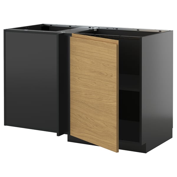 METOD corner base cabinet with shelf, black-grey/Voxtorp oak effect, 128x68 cm