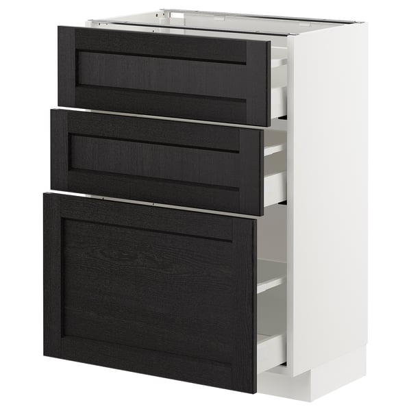 METOD base cabinet with 3 drawers, white/Lerhyttan black stained, 60x37 cm