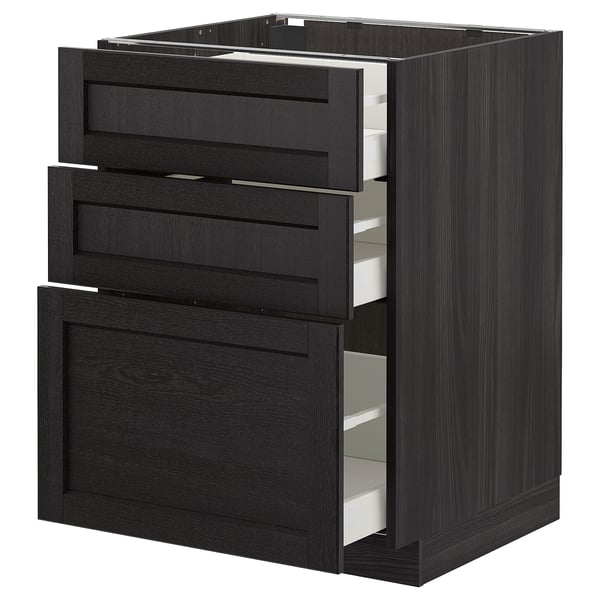 METOD base cabinet with 3 drawers, black/Lerhyttan black stained, 60x60 cm