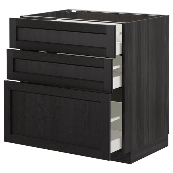METOD base cabinet with 3 drawers, black/Lerhyttan black stained, 80x60 cm