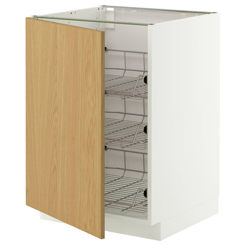METOD base cabinet with wire baskets, white/Sinarp oak veneer, 60x60 cm