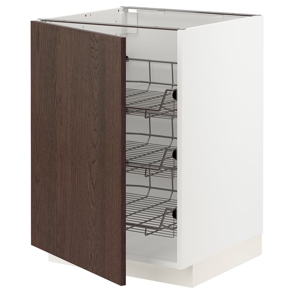 METOD base cabinet with wire baskets, white/Sinarp brown, 60x60 cm