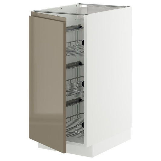 METOD - Base cabinet with wire baskets, white/Voxtorp high-gloss dark grey-brown, 40x60 cm
