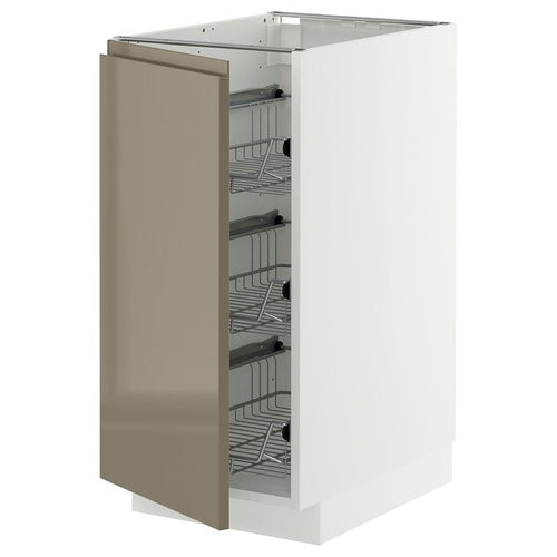 METOD base cabinet with wire baskets, white/Voxtorp high-gloss dark grey-brown, 40x60 cm