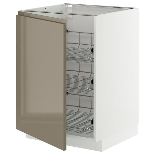METOD base cabinet with wire baskets, white/Voxtorp high-gloss dark grey-brown, 60x60 cm