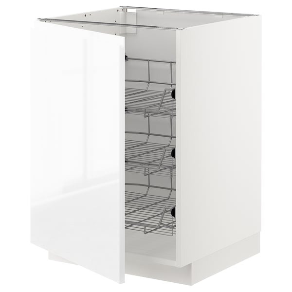 METOD base cabinet with wire baskets, white/Voxtorp high-gloss/white, 60x60 cm