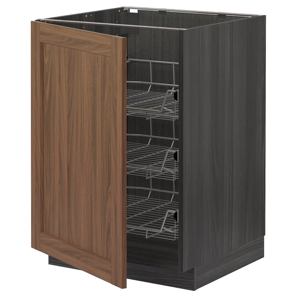 METOD - METOD Base cabinet with wire baskets, black Enköping/brown walnut effect, 60x60 cm