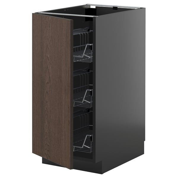 METOD base cabinet with wire baskets, black-grey/Sinarp brown, 40x60 cm