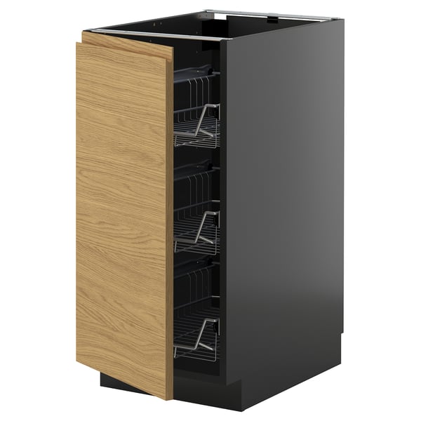 METOD base cabinet with wire baskets, black-grey/Voxtorp oak effect, 40x60 cm