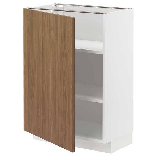 METOD base cabinet with shelves, white/Tistorp brown walnut effect, 60x37 cm