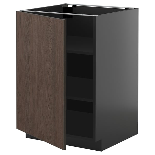 METOD base cabinet with shelves, black-grey/Sinarp brown, 60x60 cm