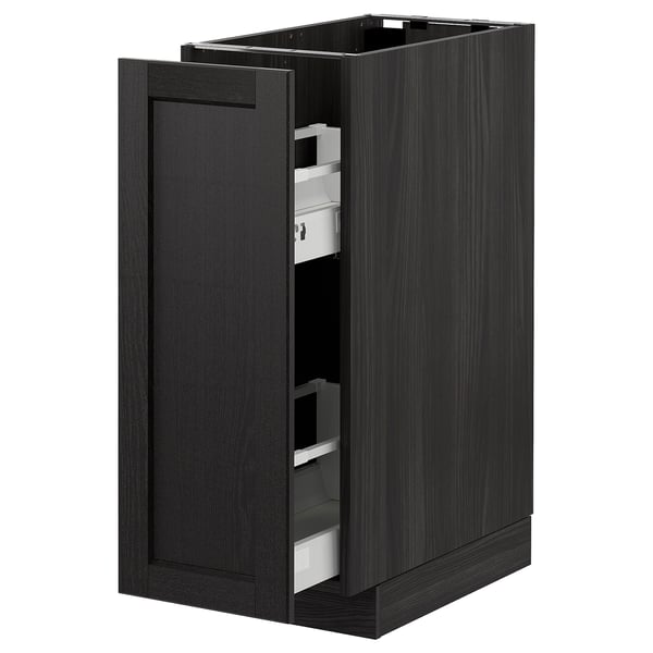 METOD base cabinet/pull-out int fittings, black/Lerhyttan black stained