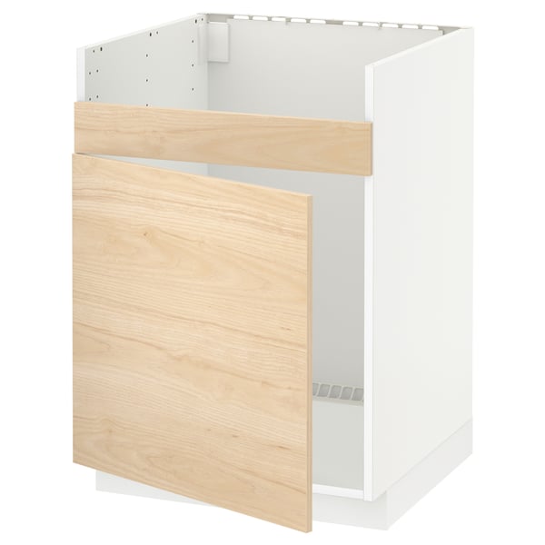 METOD base cab f HAVSEN single bowl sink, white/Askersund light ash effect, 60x60 cm