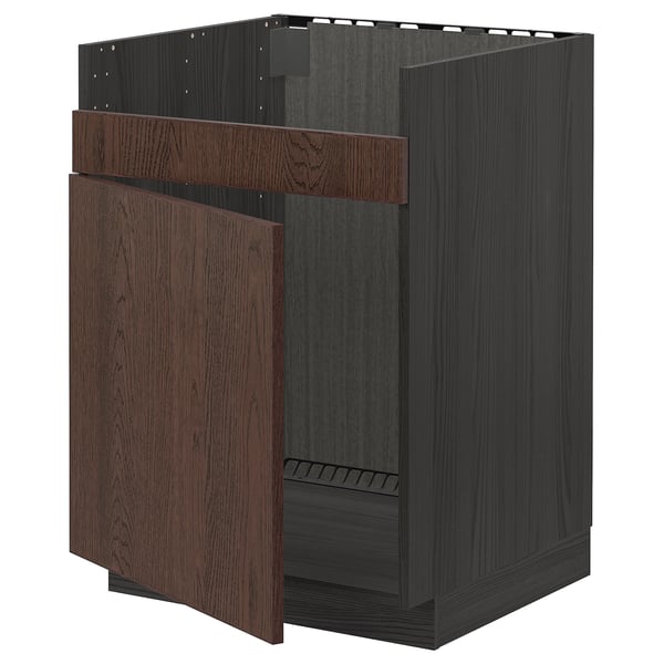 METOD base cab f HAVSEN single bowl sink, black/Sinarp brown, 60x60 cm