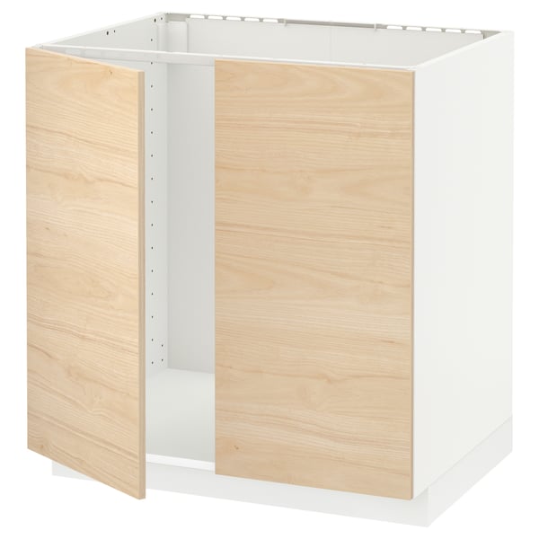 METOD base cabinet for sink + 2 doors, white/Askersund light ash effect, 80x60 cm