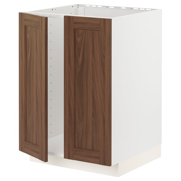 METOD - METOD Base cabinet for sink + 2 doors, white Enköping/brown walnut effect, 60x60 cm