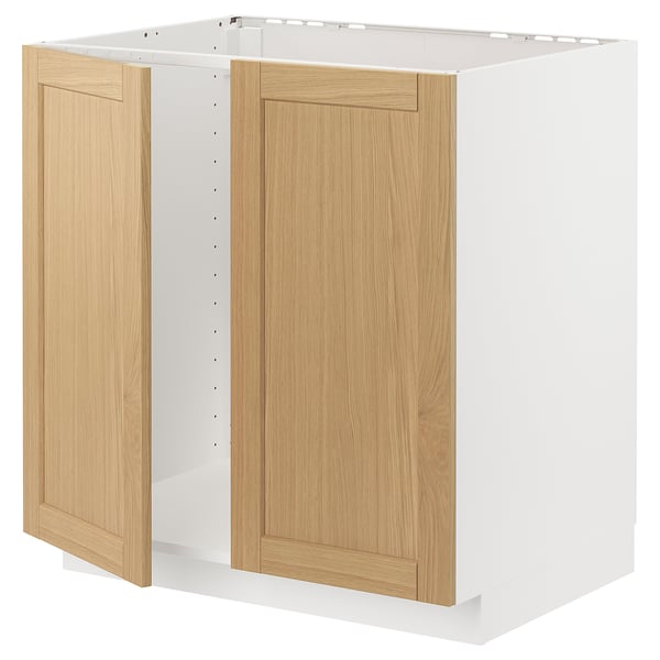 METOD - METOD Base cabinet for sink + 2 doors, white/Forsbacka oak, 80x60 cm