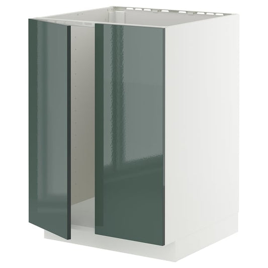 METOD - METOD Base cabinet for sink + 2 doors, white/Kallarp high-gloss dark grey-green, 60x60 cm