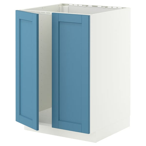METOD base cabinet for sink + 2 doors, white/Lerhyttan blue, 60x60 cm
