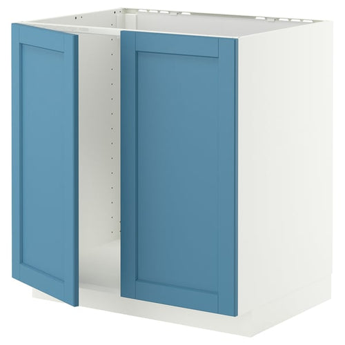 METOD base cabinet for sink + 2 doors, white/Lerhyttan blue, 80x60 cm
