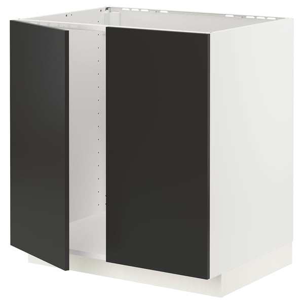 METOD base cabinet for sink + 2 doors, white/Nickebo matt anthracite, 80x60 cm