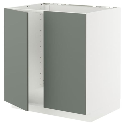 METOD base cabinet for sink + 2 doors, white/Nickebo matt grey-green, 80x60 cm