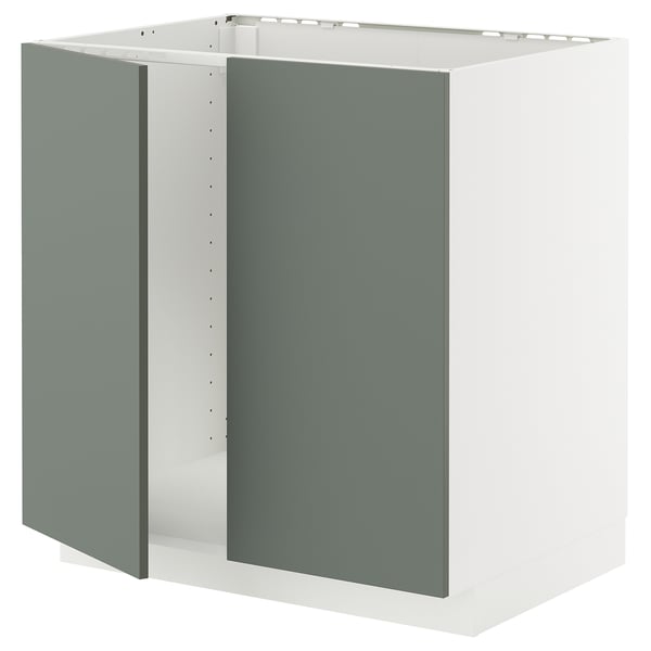 METOD - METOD Base cabinet for sink + 2 doors, white/Nickebo matt grey-green, 80x60 cm