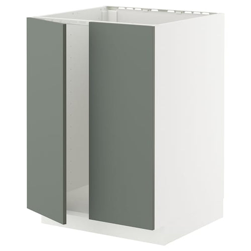 METOD base cabinet for sink + 2 doors, white/Nickebo matt grey-green, 60x60 cm