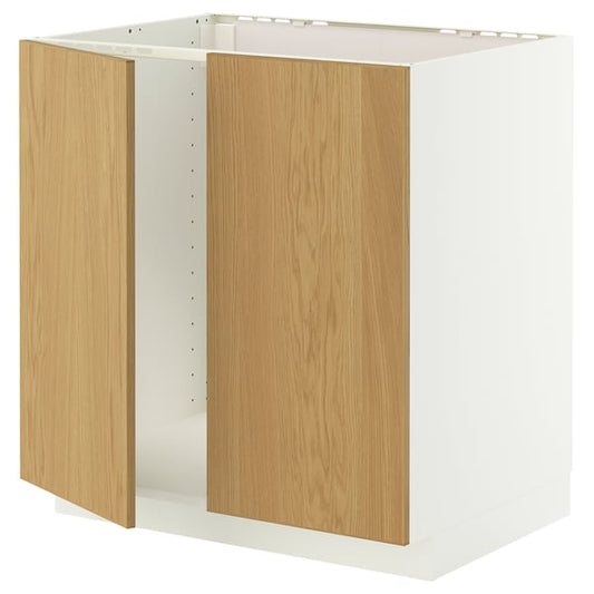 METOD base cabinet for sink + 2 doors, white/Sinarp oak veneer, 80x60 cm