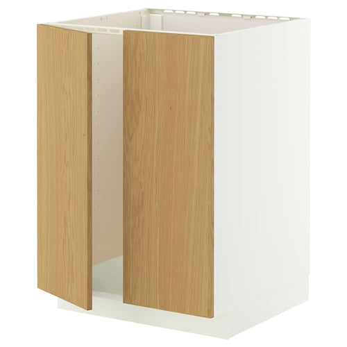 METOD base cabinet for sink + 2 doors, white/Sinarp oak veneer, 60x60 cm