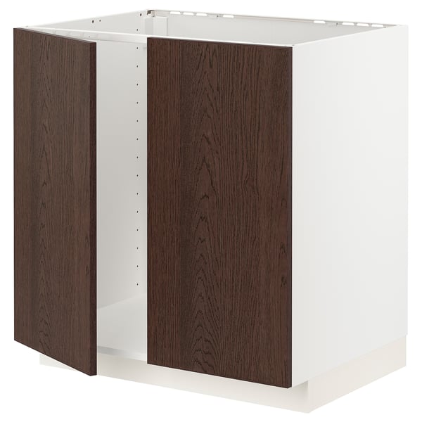 METOD base cabinet for sink + 2 doors, white/Sinarp brown, 80x60 cm