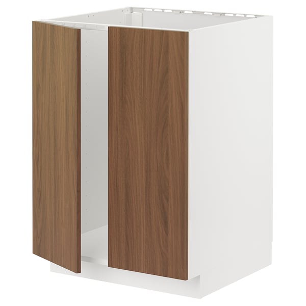 METOD base cabinet for sink + 2 doors, white/Tistorp brown walnut effect, 60x60 cm