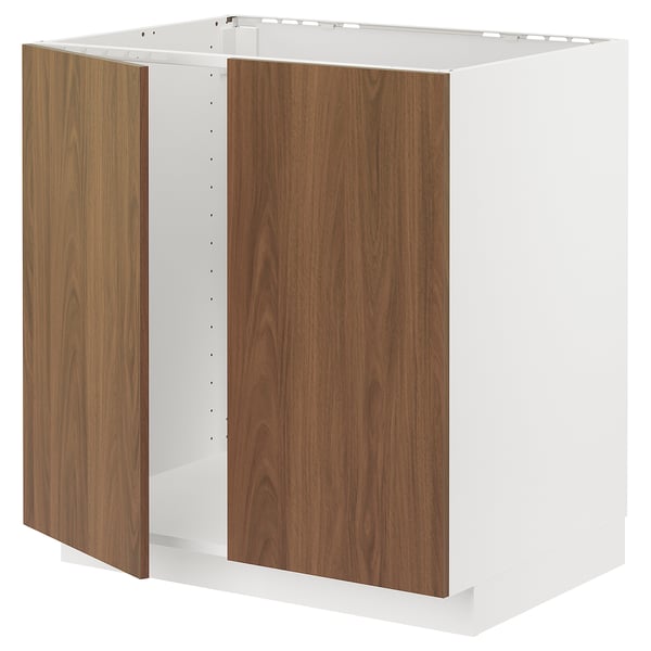 METOD base cabinet for sink + 2 doors, white/Tistorp brown walnut effect, 80x60 cm