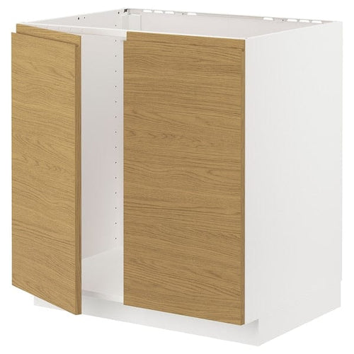 METOD base cabinet for sink + 2 doors, white/Voxtorp oak effect, 80x60 cm