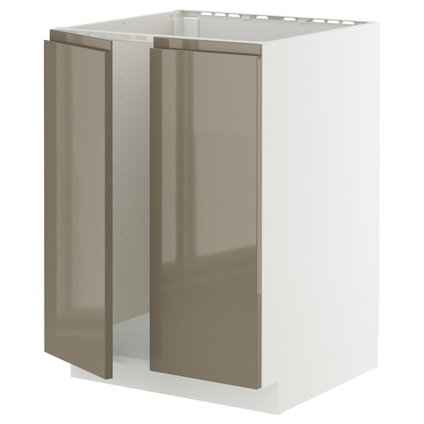 METOD - Base cabinet for sink + 2 doors, white/Voxtorp high-gloss dark grey-brown, 60x60 cm