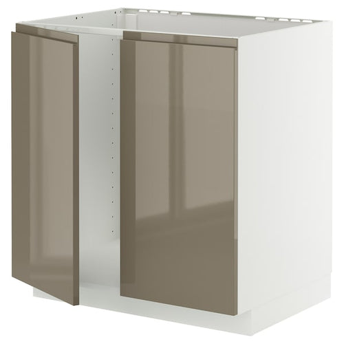 METOD base cabinet for sink + 2 doors, white/Voxtorp high-gloss dark grey-brown, 80x60 cm