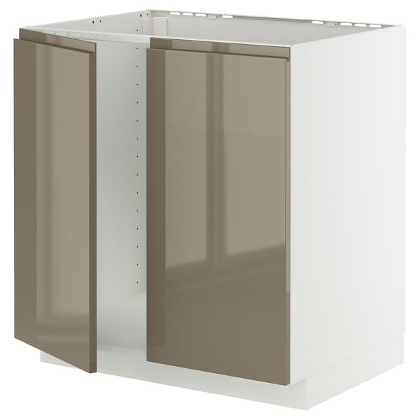 METOD - METOD Base cabinet for sink + 2 doors, white/Voxtorp high-gloss dark grey-brown, 80x60 cm