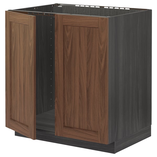 METOD base cabinet for sink + 2 doors, black Enköping/brown walnut effect, 80x60 cm