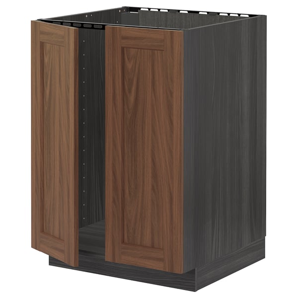 METOD base cabinet for sink + 2 doors, black Enköping/brown walnut effect, 60x60 cm