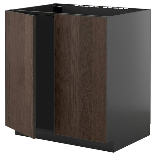 METOD - METOD Base cabinet for sink + 2 doors, black-grey/Sinarp brown, 80x60 cm