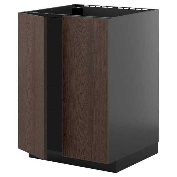 METOD base cabinet for sink + 2 doors, black-grey/Sinarp brown, 60x60 cm