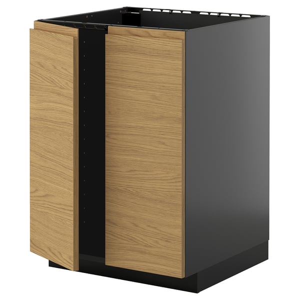 METOD - METOD Base cabinet for sink + 2 doors, black-grey/Voxtorp oak effect, 60x60 cm