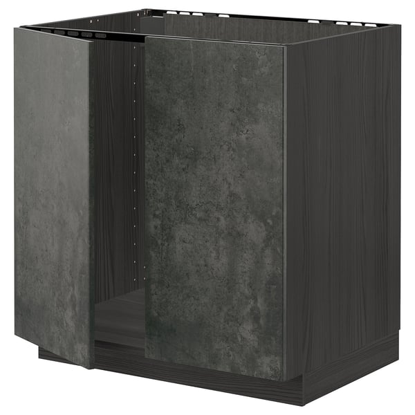 METOD base cabinet for sink + 2 doors, black/Kalhyttan dark grey concrete effect, 80x60 cm
