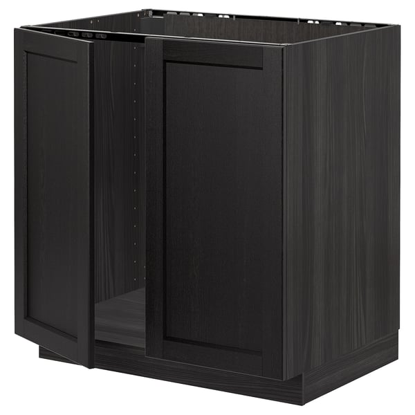 METOD base cabinet for sink + 2 doors, black/Lerhyttan black stained, 80x60 cm