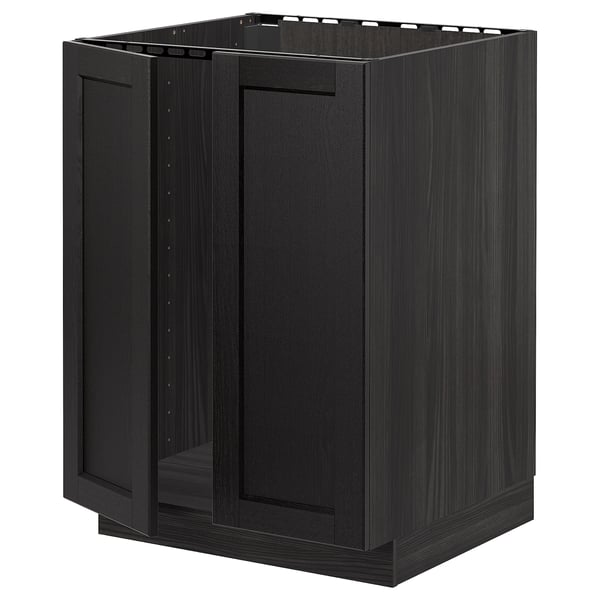 METOD base cabinet for sink + 2 doors, black/Lerhyttan black stained, 60x60 cm