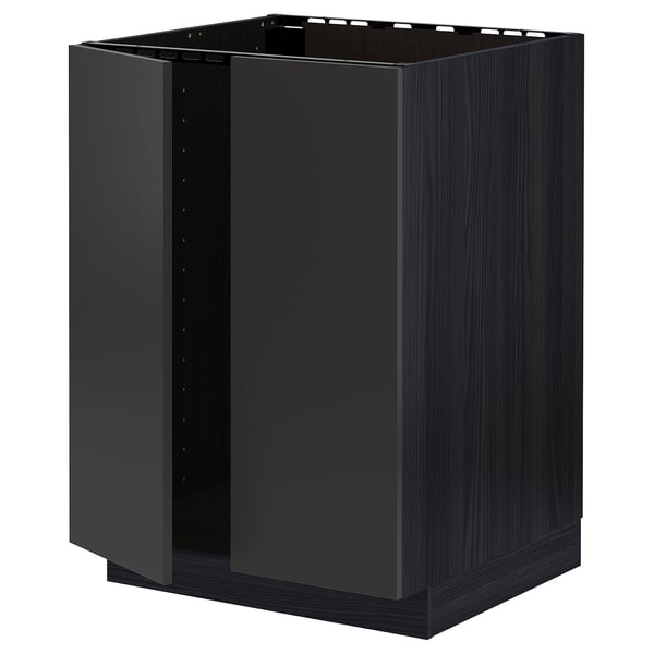 METOD base cabinet for sink + 2 doors, black/Nickebo matt anthracite, 60x60 cm