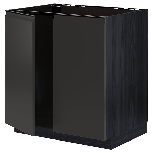 METOD base cabinet for sink + 2 doors, black/Upplöv matt anthracite, 80x60 cm