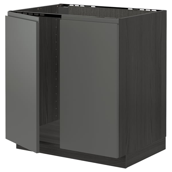 METOD base cabinet for sink + 2 doors, black/Voxtorp dark grey, 80x60 cm
